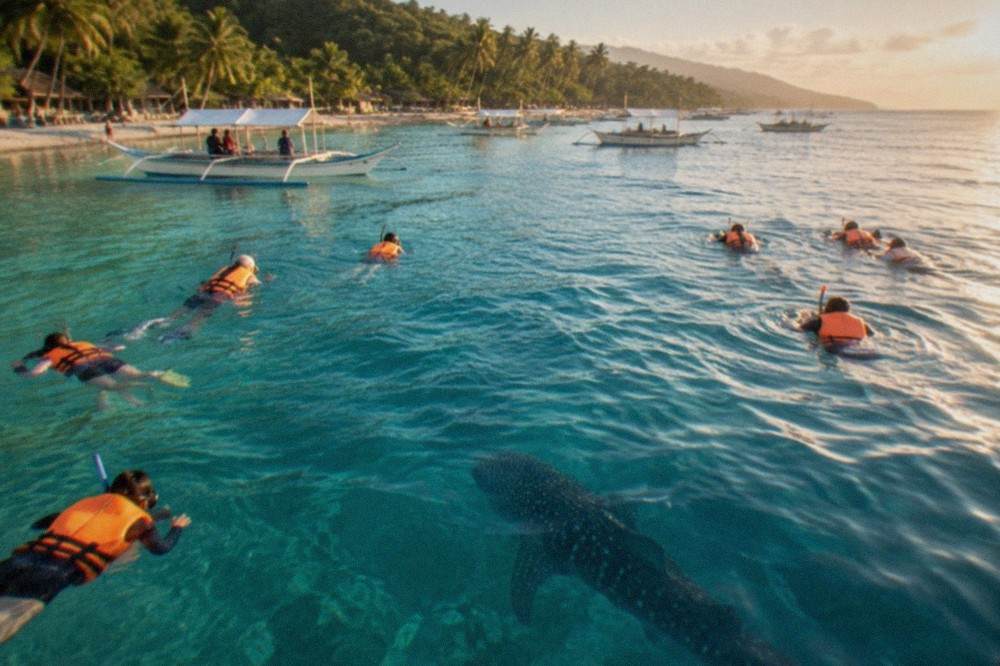 Snorkellers in life jackets floating on the surface above the silhouette of a whale shark below
