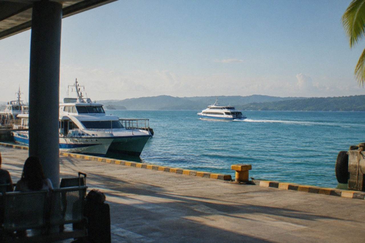 A fastcraft ferry crossing calm blue water between Cebu and Bohol with islands on the horizon
