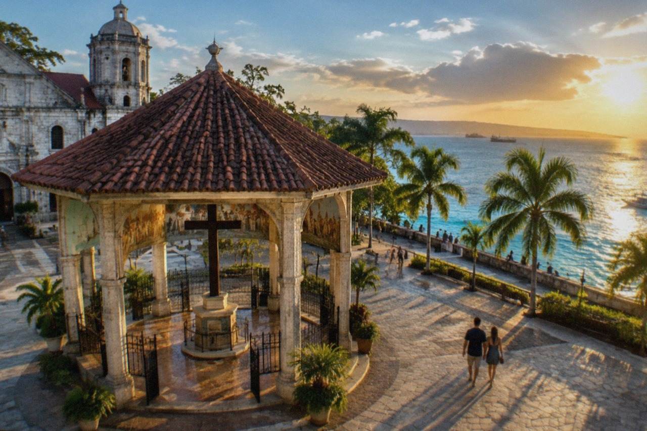 A couple walking together along a waterfront promenade in Cebu at sunset