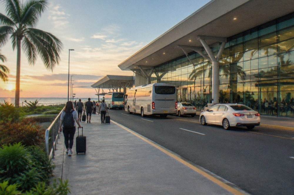 A modern airport terminal exterior at dusk with buses and taxis waiting at a covered curb