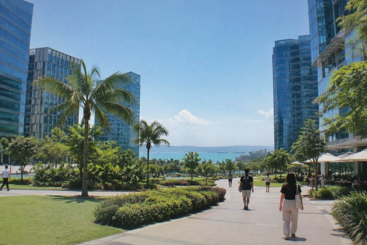 Modern glass office towers around a landscaped park with people walking along wide pedestrian paths