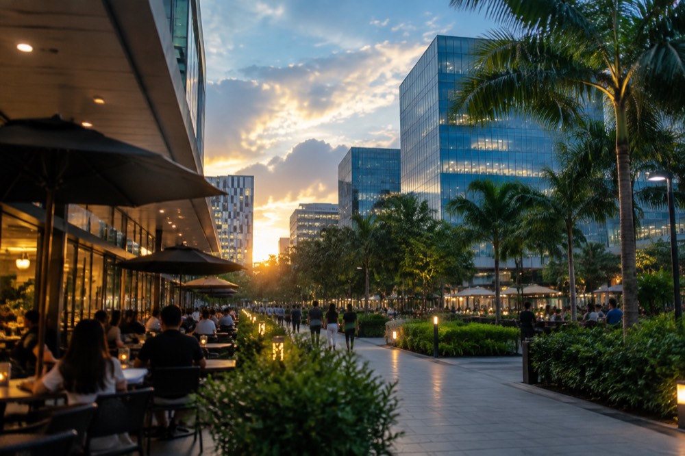 People dining at outdoor restaurant tables beneath office buildings lit up at dusk