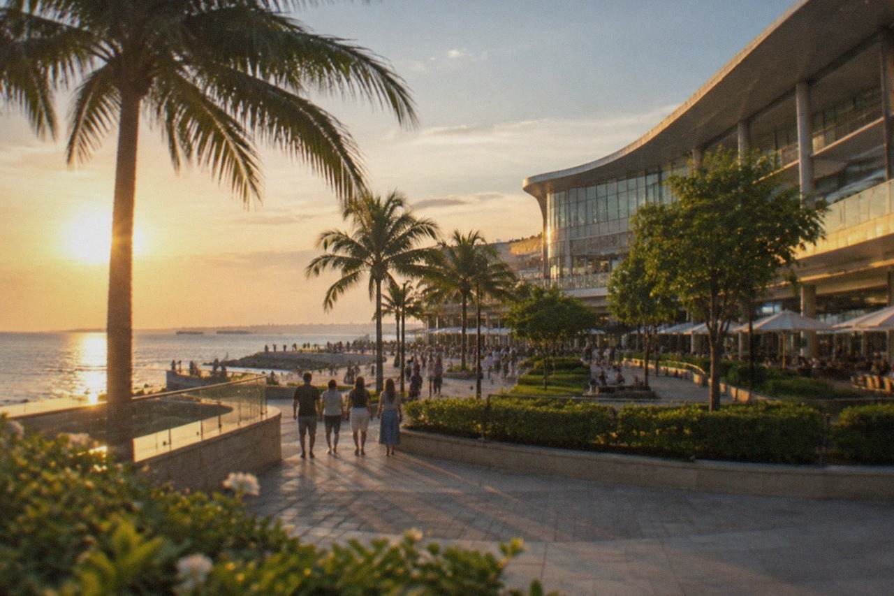 A large modern shopping mall complex with a curved roofline beside open plazas and palm trees