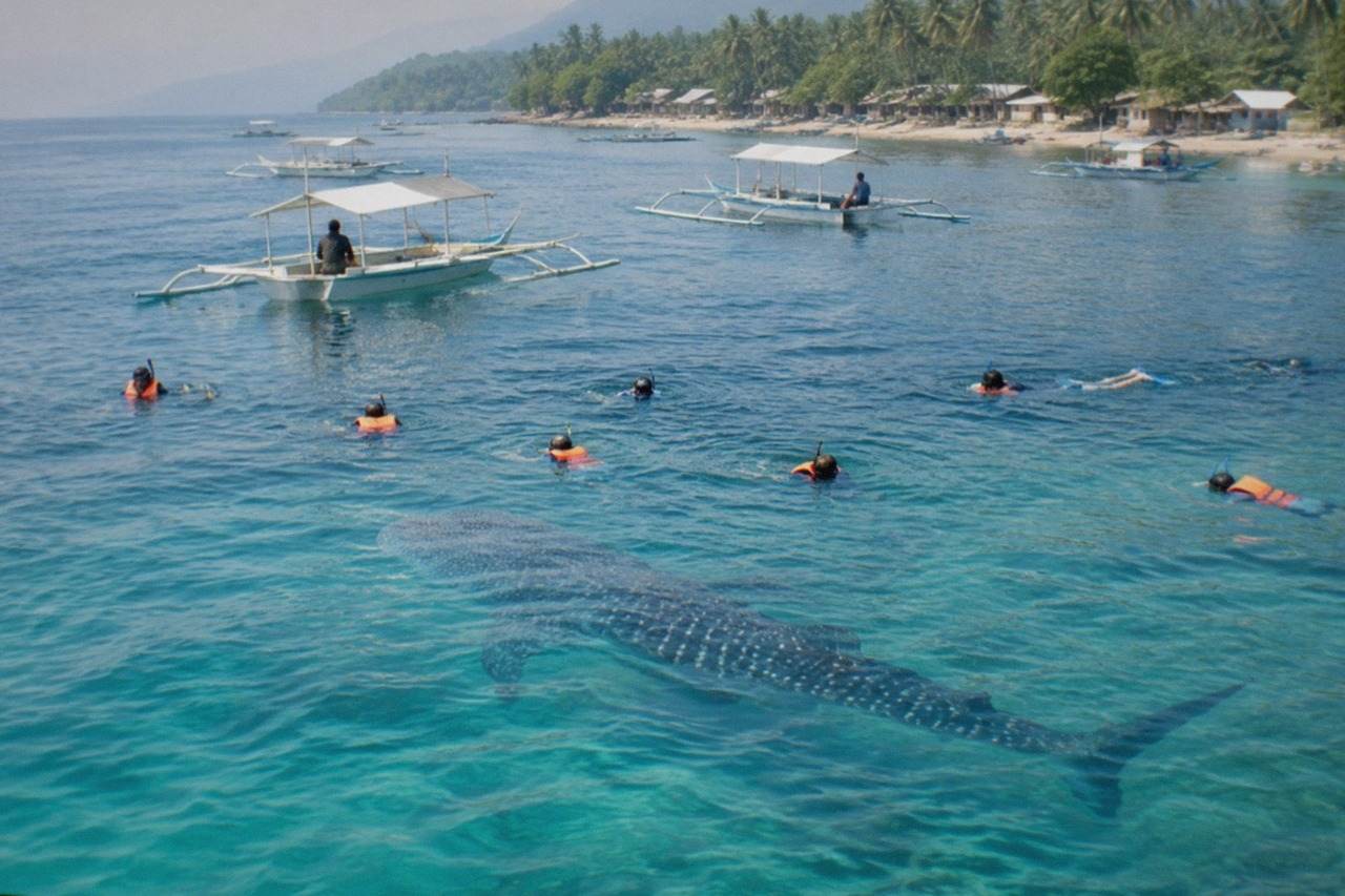 Snorkelers in the water near a whale shark at Oslob, Cebu