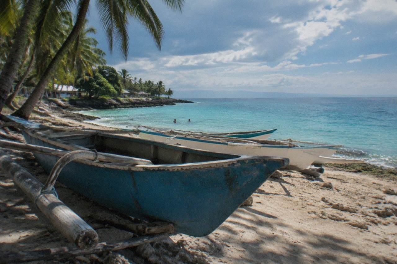 Wooden boats resting on a tropical beach in Moalboal, Philippines, with palm trees and turquoise water