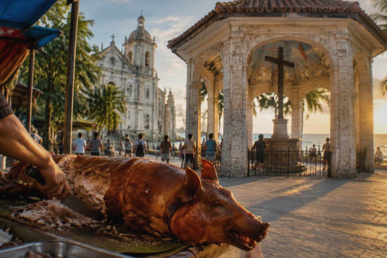 A roasted lechon pig displayed whole at a Cebu market stall, golden crispy skin with a vendor's hand carving slices.