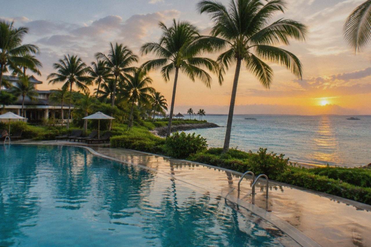 Resort swimming pool and palm trees along the Mactan coastline at sunset