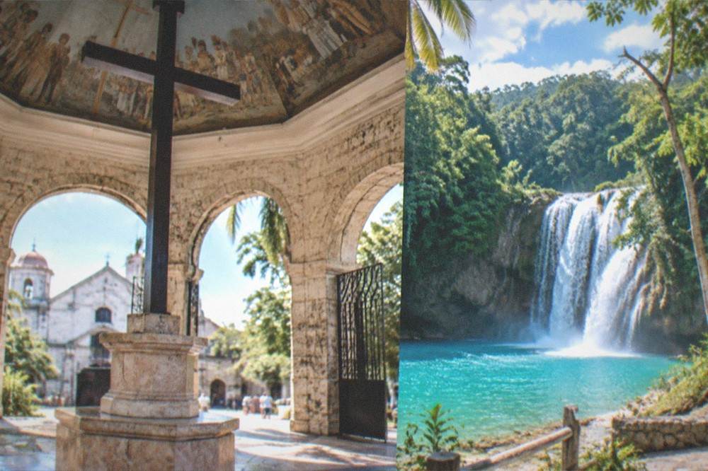 Turquoise waterfalls cascading into a blue pool surrounded by tropical forest in south Cebu