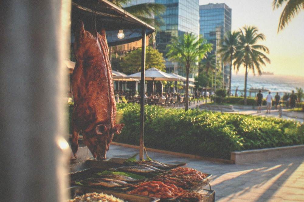 A roasted pig hanging in a market stall beside trays of grilled seafood and rice dishes
