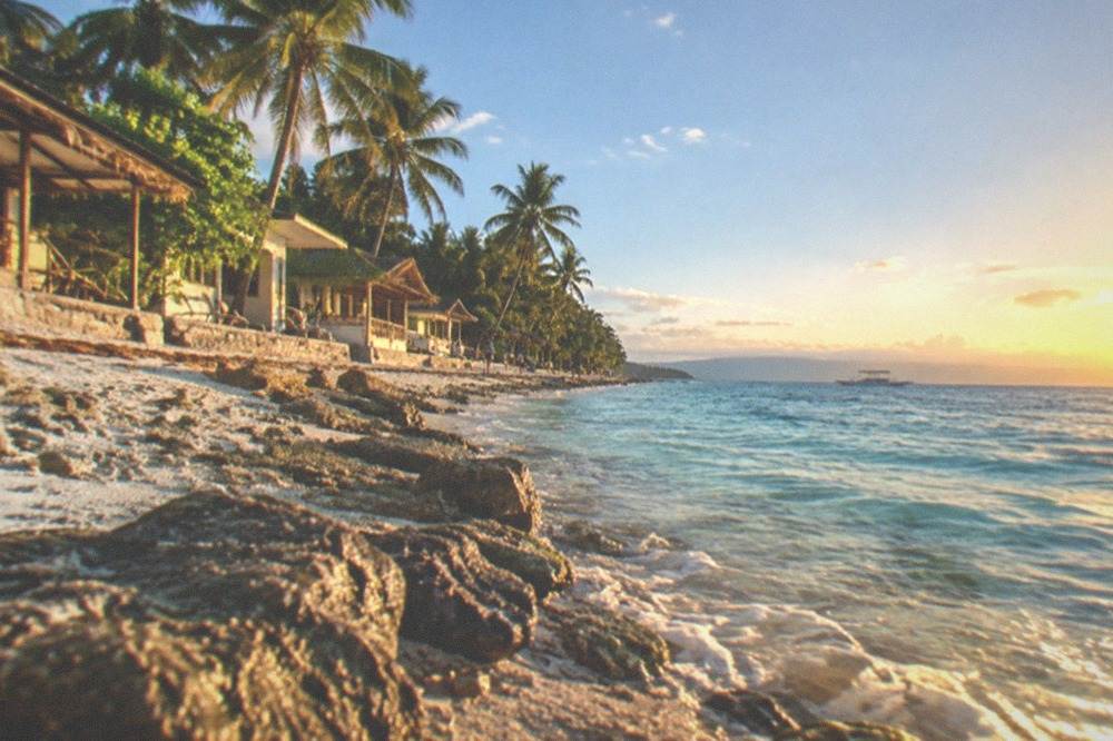 A row of simple beachfront cottages and palm trees along a sandy shore at midday