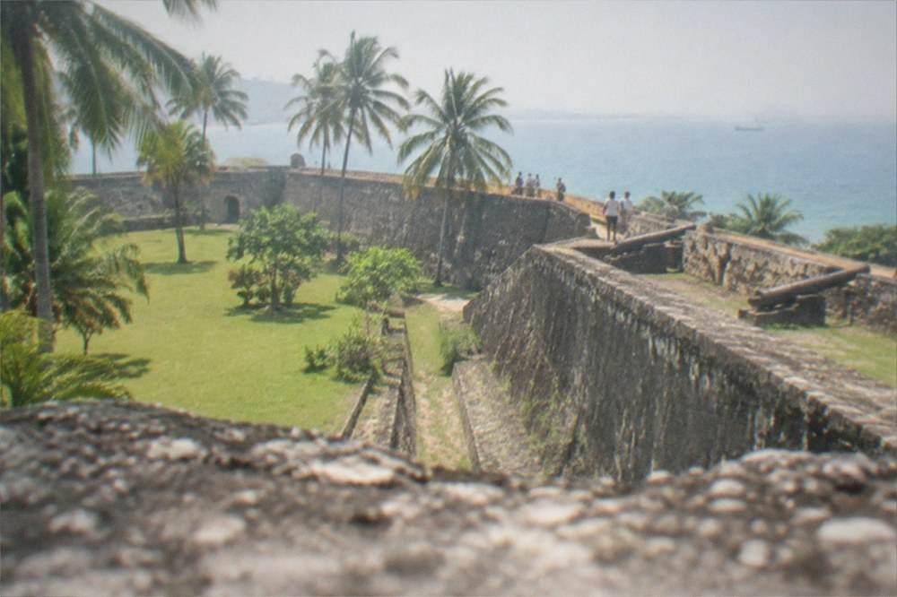 The triangular stone walls of Fort San Pedro in Cebu City, with palm trees and visitors along the ramparts