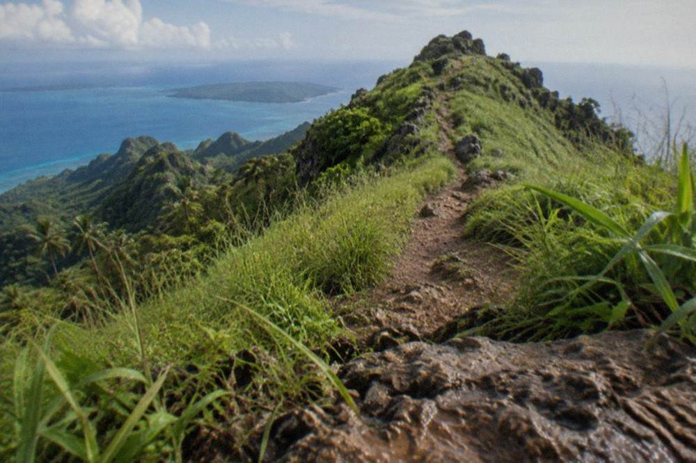 A narrow dirt footpath climbing through tall grass toward a rocky summit ridge