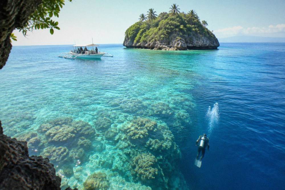 A scuba diver descending along a coral wall that drops into deep blue water