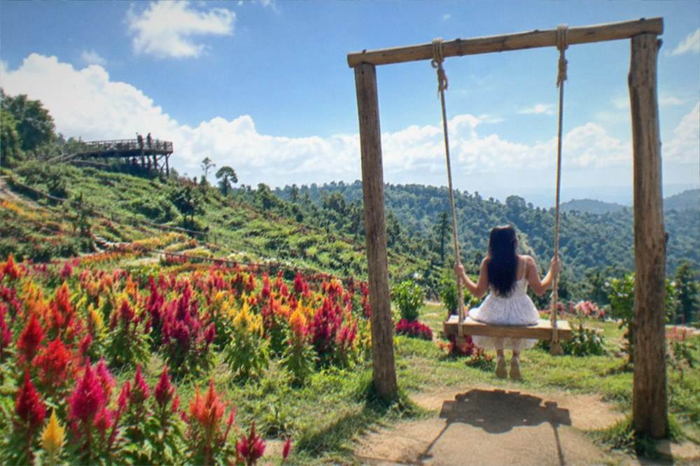 A swing photo prop set among flower beds with a green hillside and sky behind it at a highland garden