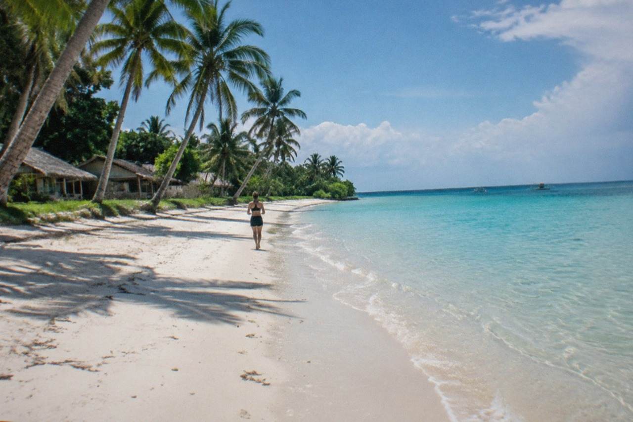 Palm trees leaning over a wide white sand beach with calm turquoise water on a tropical island
