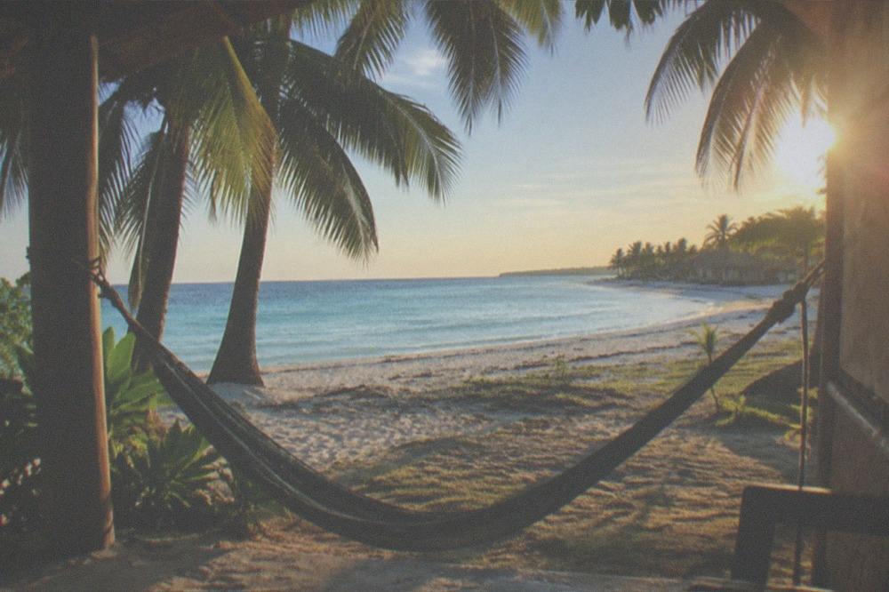 A beachfront cottage with a hammock under palm trees facing a calm evening sea