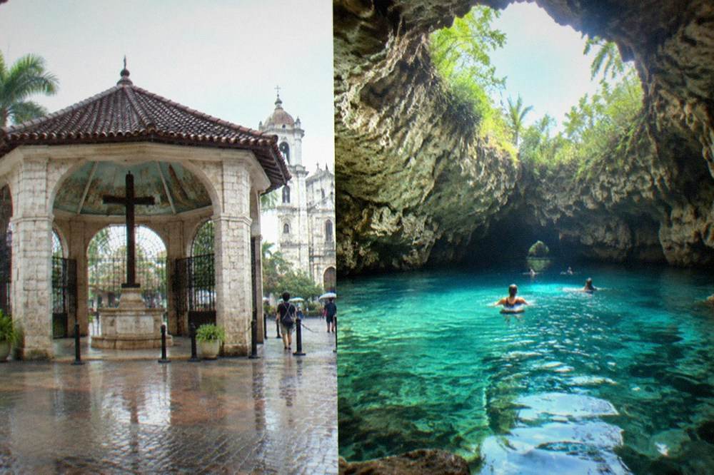 Swimmers in a limestone cave pool with daylight entering through an opening above