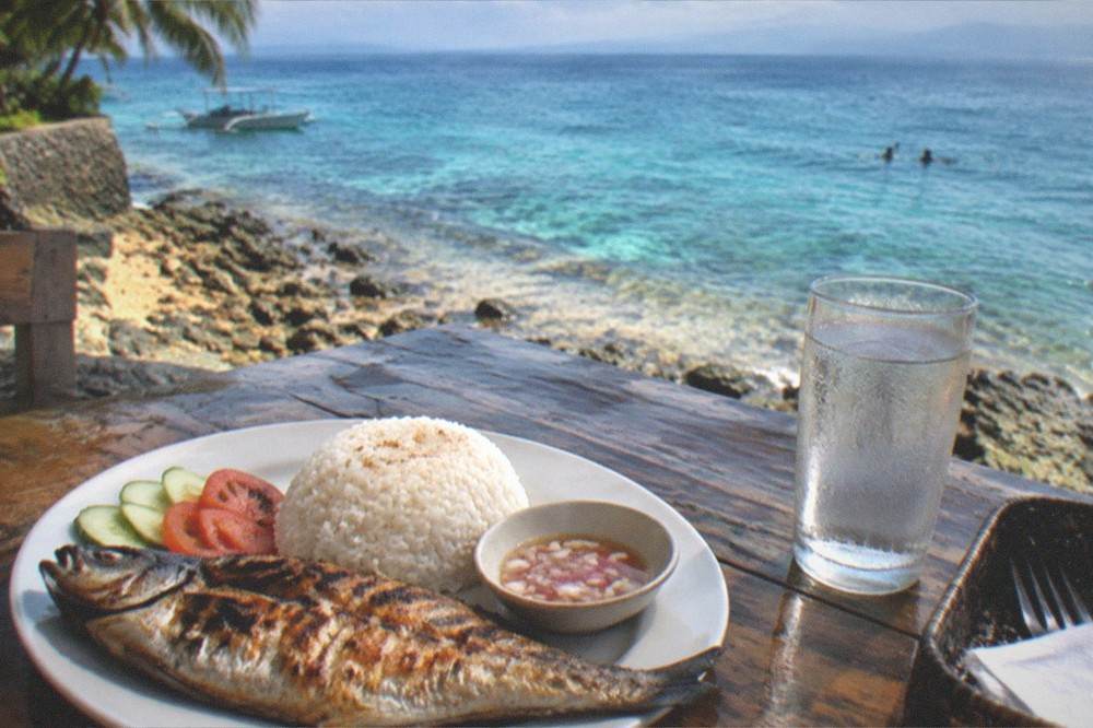 A plate of grilled fish and rice at a simple beachfront eatery