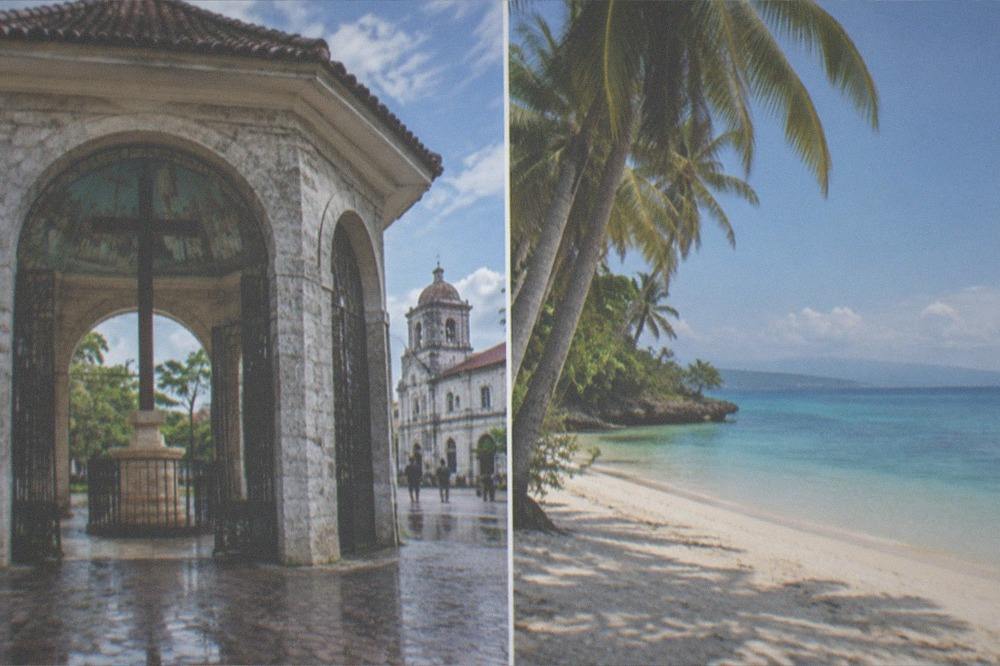 An empty tropical beach in Cebu with palm trees and calm water on a quiet weekday