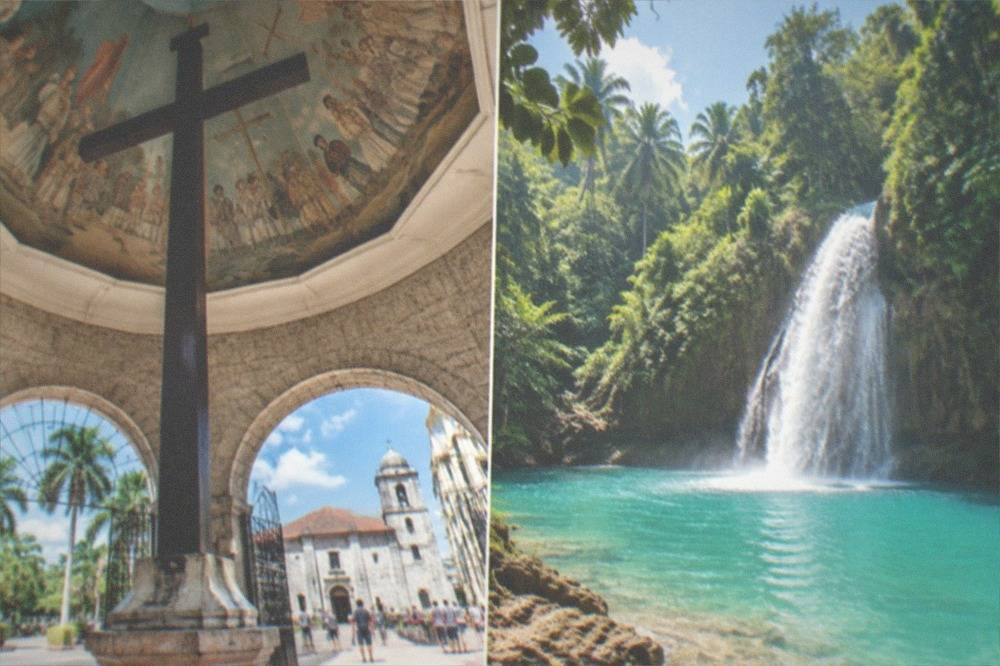 A turquoise waterfall pool surrounded by tropical forest in southern Cebu