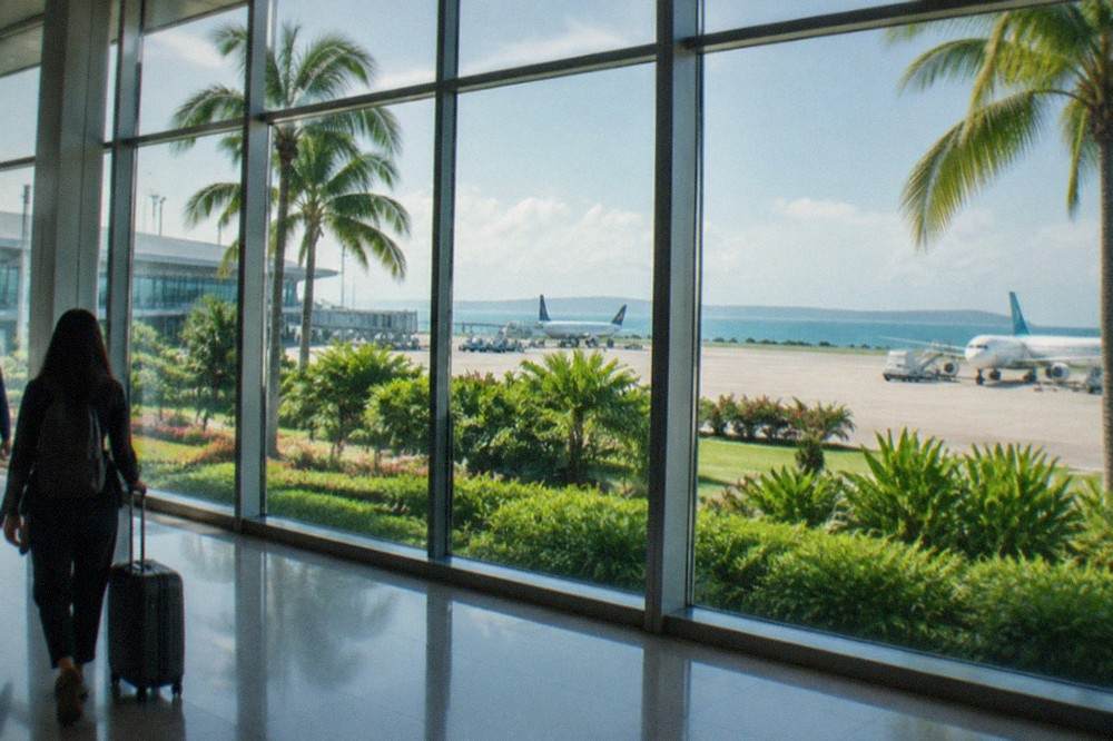 The bright interior of an airport terminal with tall glass windows and travelers walking with luggage