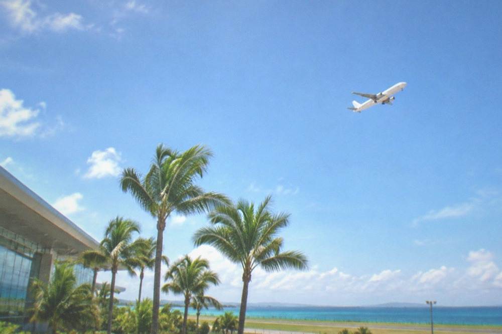 An airplane climbing into a blue tropical sky above palm trees near a runway