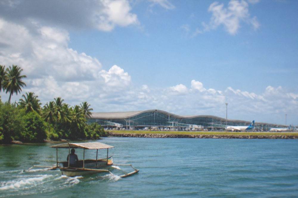 A wooden boat cruising on a wide green river lined with coconut palms