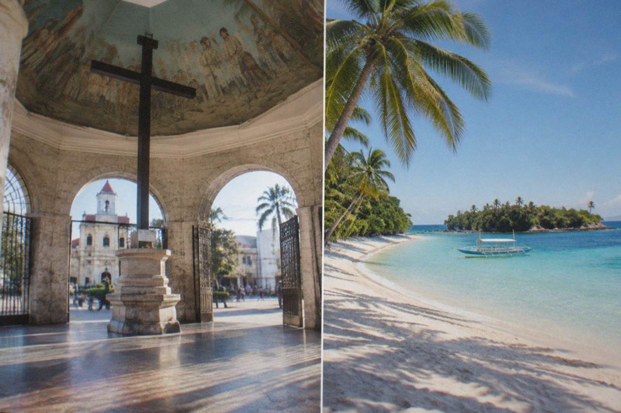 A white sand beach with turquoise water and palm trees on an island off Cebu, Philippines