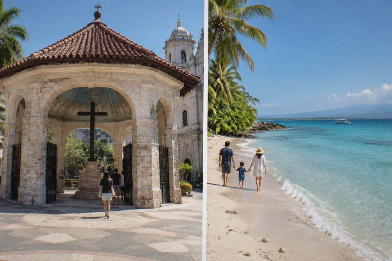 A family walking along a tropical beach shoreline in Cebu with palm trees and calm turquoise water