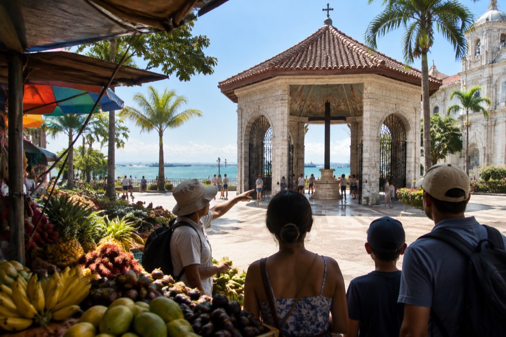 A guide showing a family fresh tropical fruit stalls at a busy Cebu public market