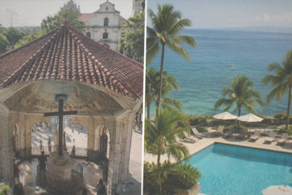 A resort pool deck in Mactan with palm trees, sun loungers and a calm sea horizon