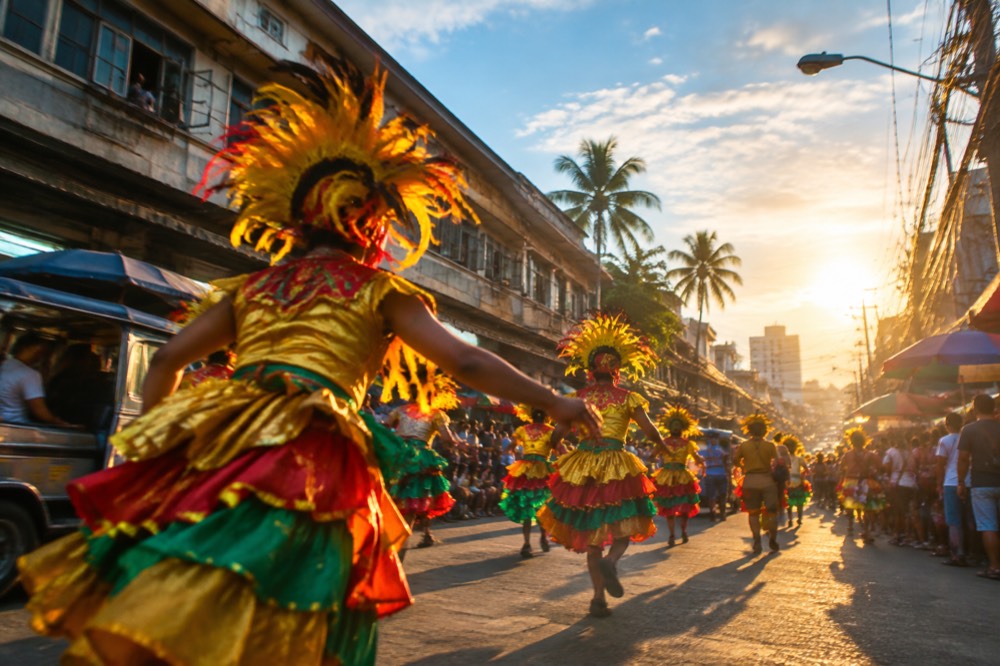 A crowded festival street at night with dancers in bright costumes under lights