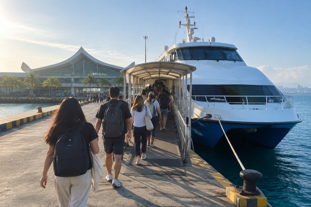 Passengers boarding a fastcraft ferry at a pier in Cebu City with the terminal building behind them