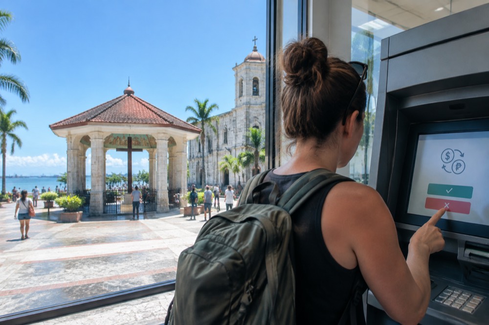 A traveller declining a currency conversion prompt on an ATM screen in a bank lobby