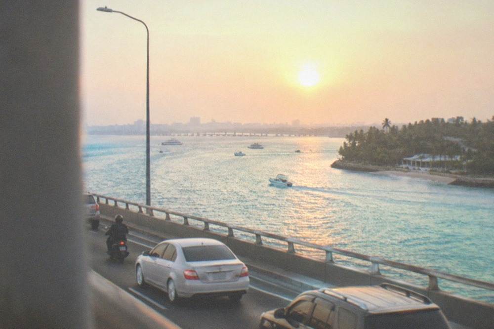 Traffic crossing one of the bridges between Mactan Island and Cebu City at sunset