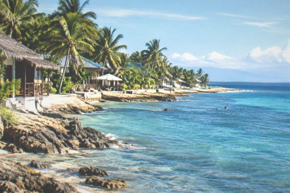 Beachfront cottages and palm trees along Panagsama Beach in Moalboal, Cebu