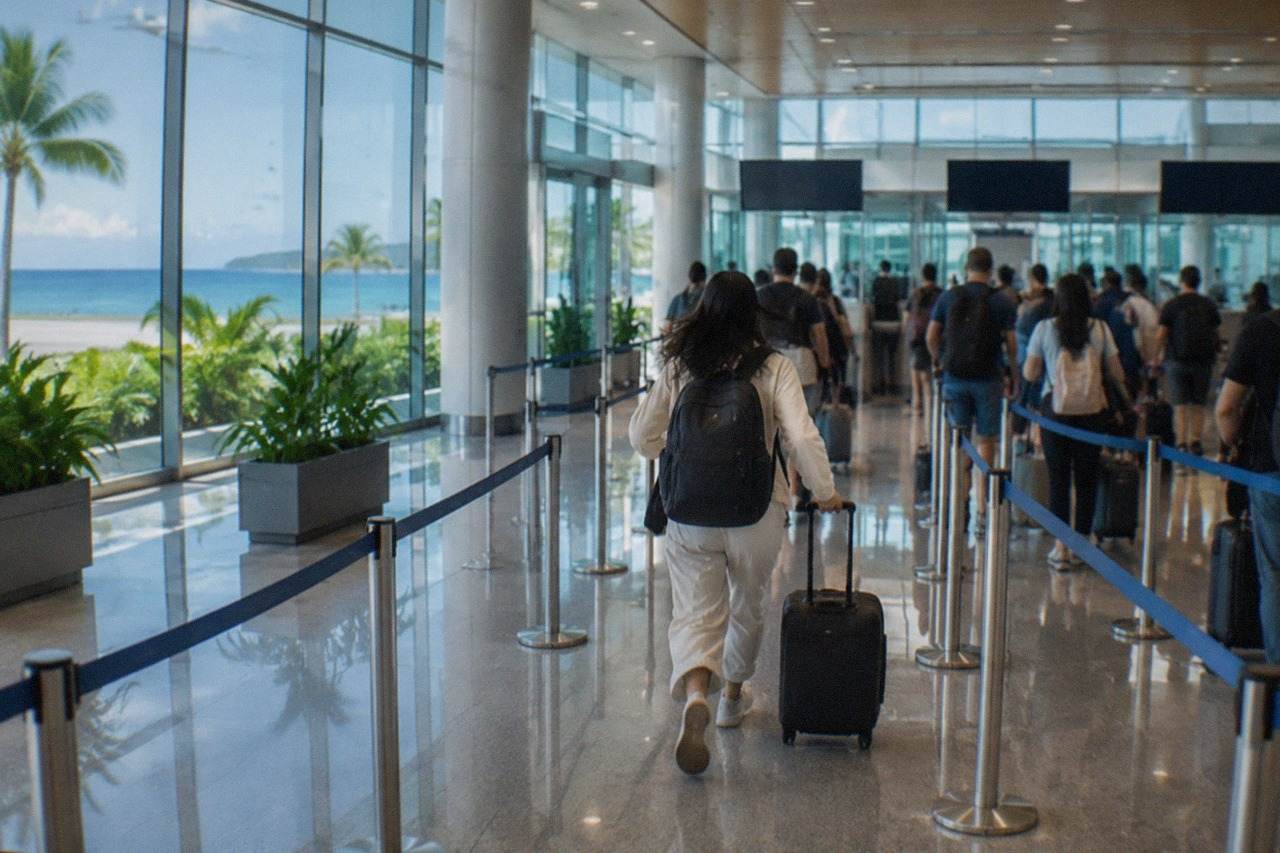 Passport control counters at a bright modern airport terminal with travellers queueing