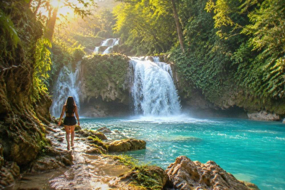 The turquoise pools of Kawasan Falls framed by jungle in Badian, Cebu