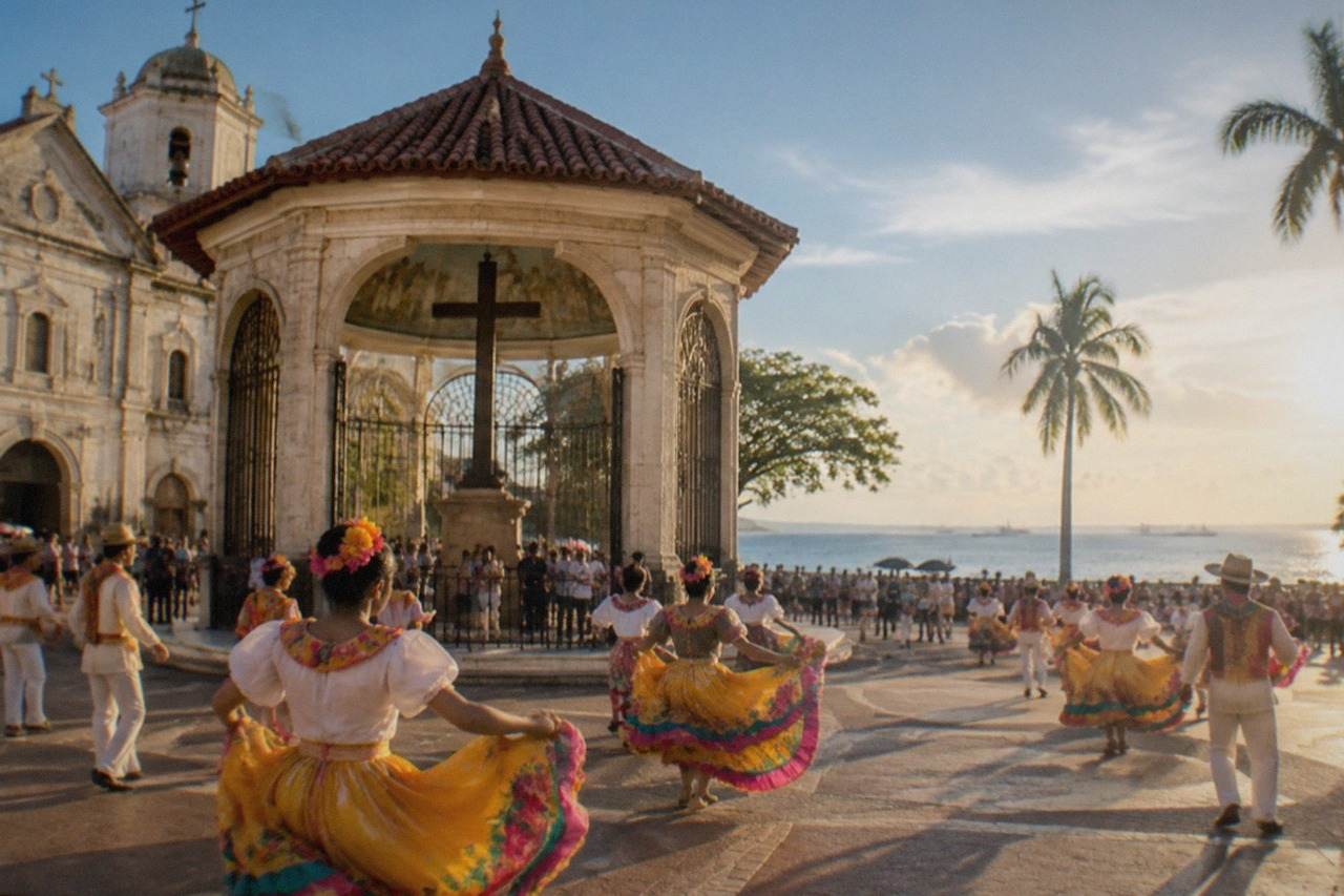 Dancers in bright costumes performing in a street parade under a sunny sky in Cebu City