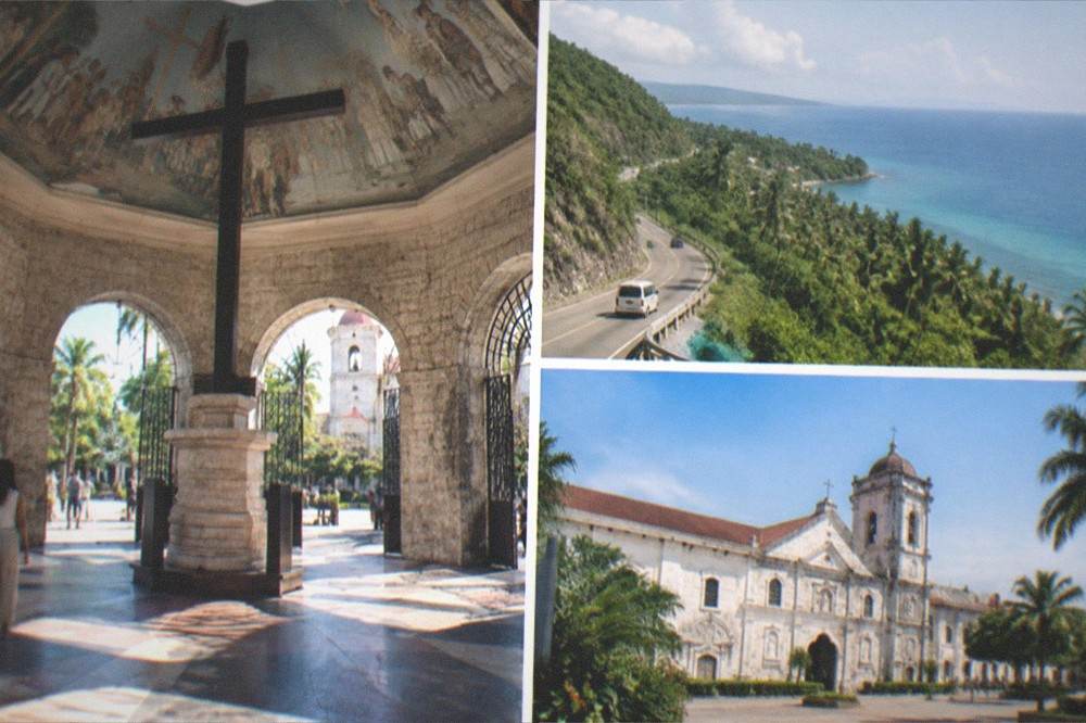 A coastal road winding along the green hills of south Cebu