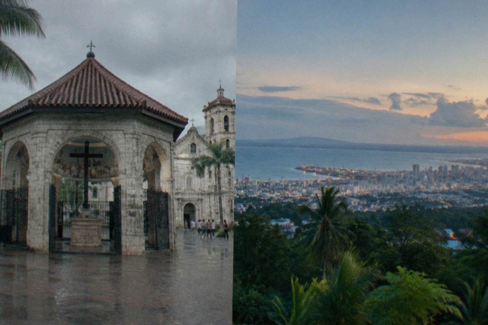 A view over Cebu City from a hillside lookout at dusk with the city lights beginning to show