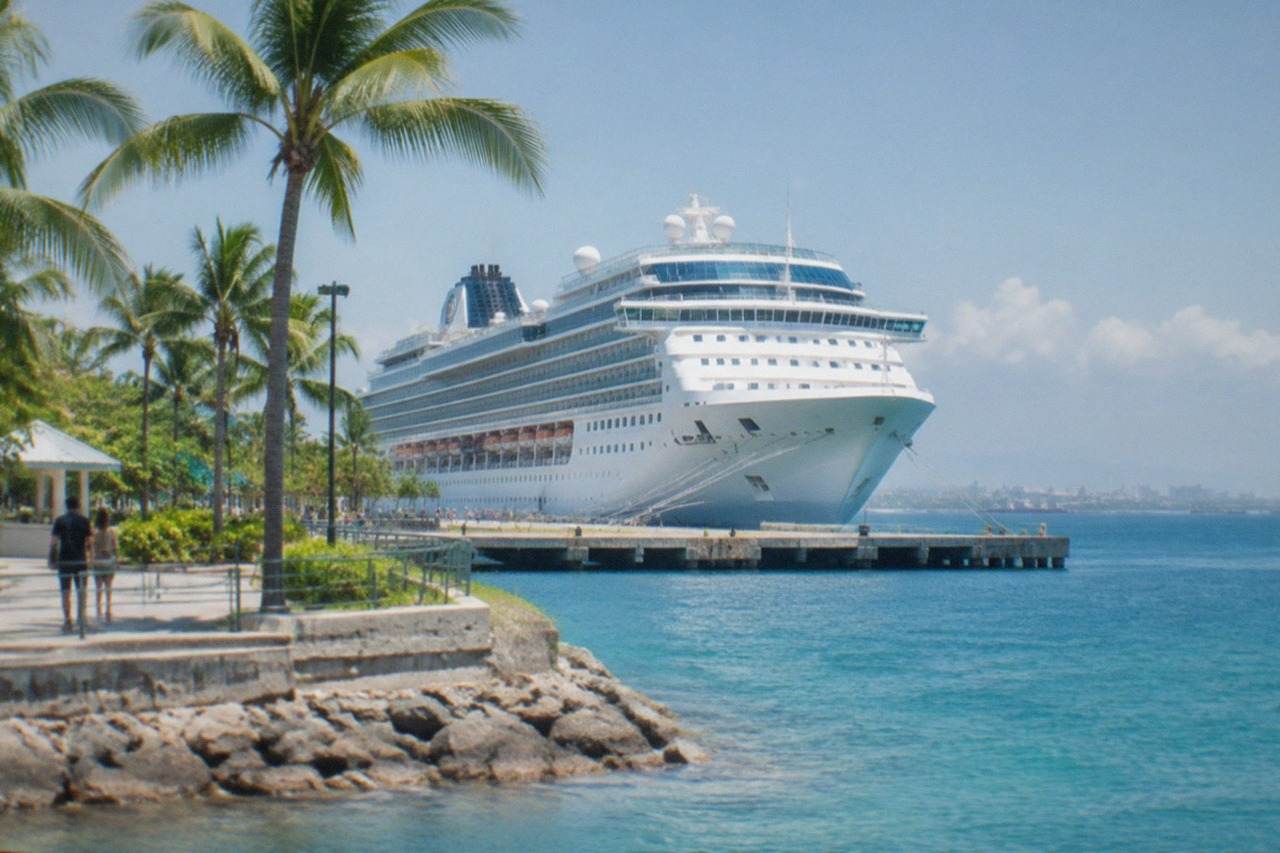 A cruise ship docked at a tropical island port with palm trees and calm blue water