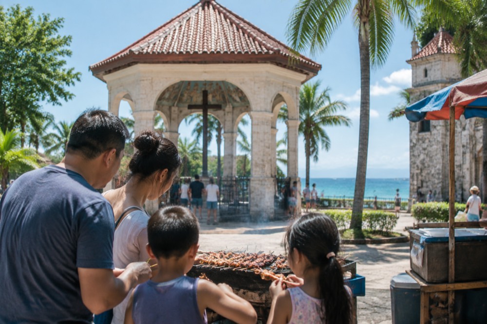Parents and children sharing grilled food at a market stall in Cebu City