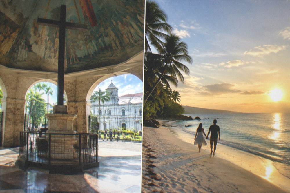 A couple walking hand in hand on a quiet white sand beach at golden hour in Cebu